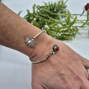 Carnelian Crystal Cuff Bracelet, Red Gemstone Silver Plated Bangle Bracelet