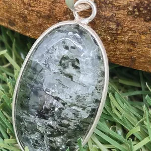 Clear Quartz with Green Tourmaline Silver Bezel Necklace with Steel Chain