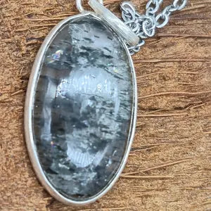 Clear Quartz with Green Tourmaline Silver Bezel Necklace with Steel Chain