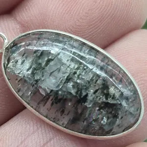 Clear Quartz with Green Tourmaline Silver Bezel Necklace with Steel Chain