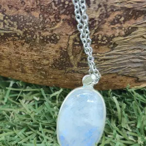 Moonstone Silver 925 Bezel Necklace with Steel Chain, Boho Crystal Necklace