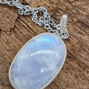 Moonstone Silver 925 Bezel Necklace with Steel Chain, Boho Crystal Necklace