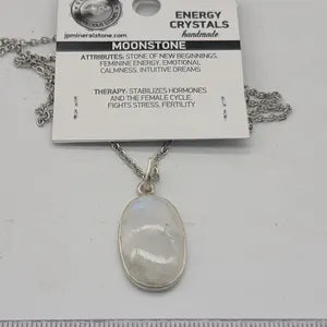 Moonstone Silver 925 Bezel Necklace with Steel Chain, Boho Crystal Necklace