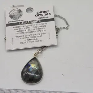 Flashy Labradorite Silver Bezel Necklace with Steel Chain, Crystal Necklace Gift for Men and Women
