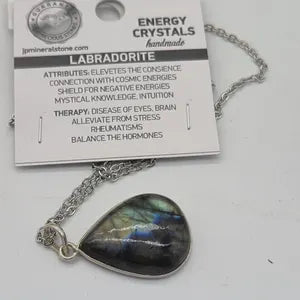 Flashy Labradorite Silver Bezel Necklace with Steel Chain, Crystal Necklace Gift for Men and Women
