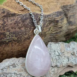 Rose Quartz Silver Bezel Necklace with Steel Chain, Love Crystal Necklace, Birthstone Necklace
