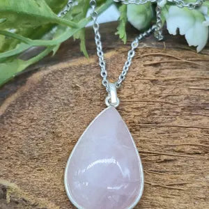 Rose Quartz Silver Bezel Necklace with Steel Chain, Love Crystal Necklace, Birthstone Necklace