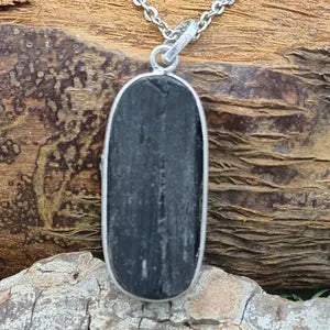 Black Tourmaline Rough Crystal Necklace, Sterling Silver Pendant Necklace with Raw Black Tourmaline and Steel Chain