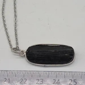 Black Tourmaline Rough Crystal Necklace, Sterling Silver Pendant Necklace with Raw Black Tourmaline and Steel Chain