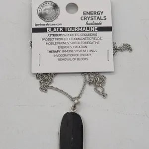 Black Tourmaline Rough Crystal Necklace, Sterling Silver Pendant Necklace with Raw Black Tourmaline and Steel Chain