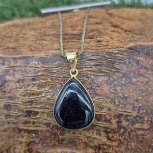 Black Obsidian Brass Bezel Necklace with Brass Chain, Unisex Stone Necklace for Him and Her
