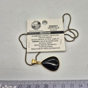 Black Obsidian Brass Bezel Necklace with Brass Chain, Unisex Stone Necklace for Him and Her