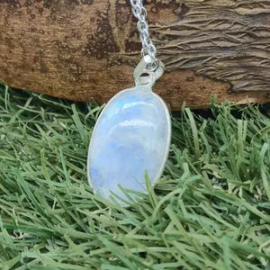 Moonstone Silver 925 Bezel Necklace with Steel Chain, Boho Crystal Necklace