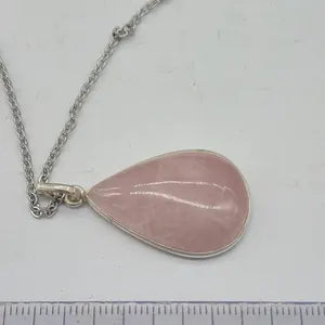 Rose Quartz Silver Bezel Necklace with Steel Chain, Love Crystal Necklace, Birthstone Necklace