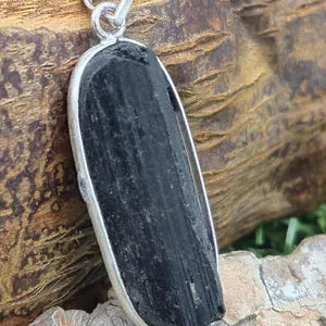 Black Tourmaline Rough Crystal Necklace, Sterling Silver Pendant Necklace with Raw Black Tourmaline and Steel Chain