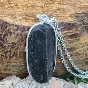 Black Tourmaline Rough Crystal Necklace, Sterling Silver Pendant Necklace with Raw Black Tourmaline and Steel Chain