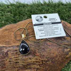 Black Obsidian Brass Bezel Necklace with Brass Chain, Unisex Stone Necklace for Him and Her
