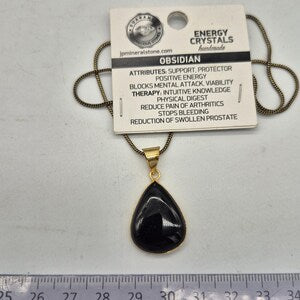 Black Obsidian Brass Bezel Necklace with Brass Chain, Unisex Stone Necklace for Him and Her