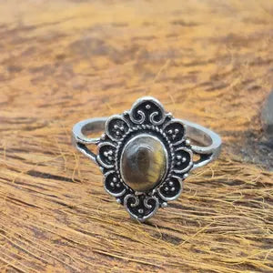 Tiger Eye Ethnic Silver Plated Adjustable Ring for Women