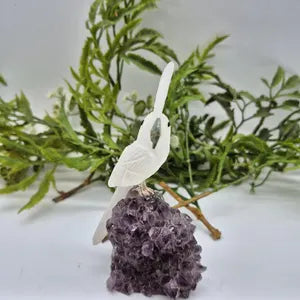 Quartz Hand Carved Bird on Raw Amethyst Cluster Base, Crystal Parrot Bird Figurine, Vintage Gemstone Bird