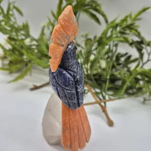 Sodalite Carved Bird on Cler Quartz Point and Orange Calcite, Gemstone Bird Sculpture
