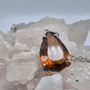 Orange Brown Faceted Teardrop Tourmaline Pendant: Sterling Silver, Stainless Steel Chain