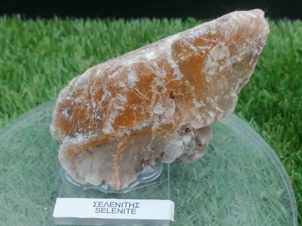 Griechischer roter Selenit, Oxidation von Metall, das auf Plexiglasbasis geklebt ist, Sammlung Stein, Geist, Heilkraft, Geschenk, Dekoration, Schutz