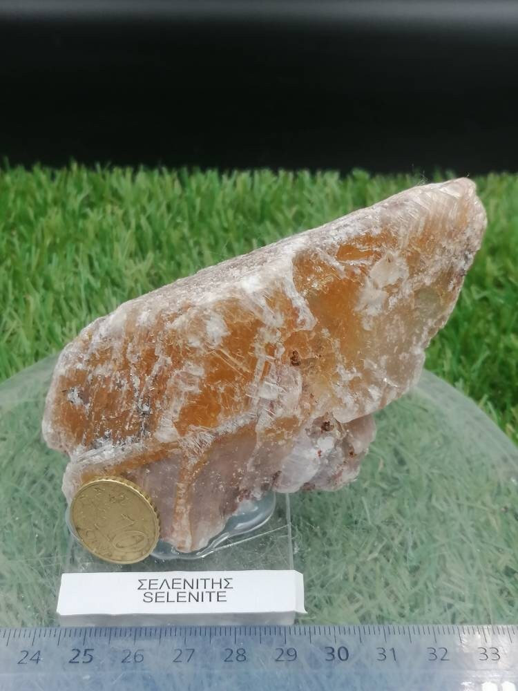 Griechischer roter Selenit, Oxidation von Metall, das auf Plexiglasbasis geklebt ist, Sammlung Stein, Geist, Heilkraft, Geschenk, Dekoration, Schutz