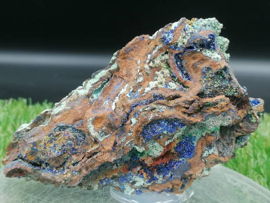 Kristall Azurit mit Malachit - Griechisches Mineral mit oxidiertem Kalzit, das auf Plexiglassockel geklebt ist. Erstaunliches Sammlerstück, Extraqualität