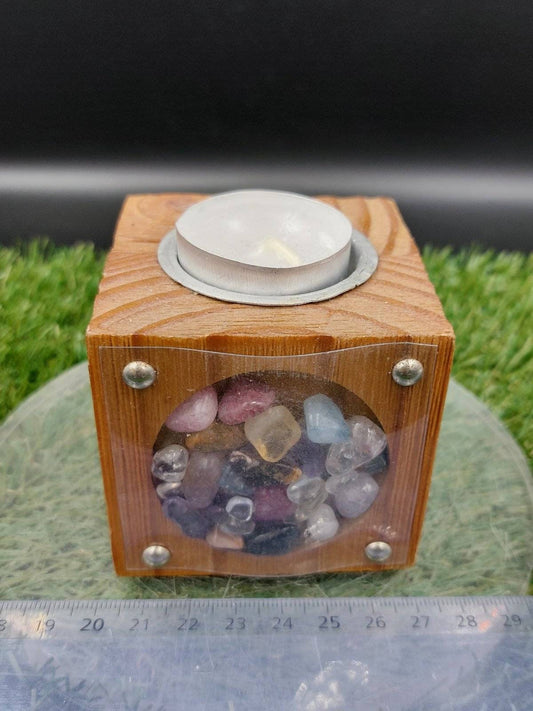 Kerzenhalter aus Holz mit Kristallen - Kristalldekor - Metaphysisch - Chakra-Kristalle