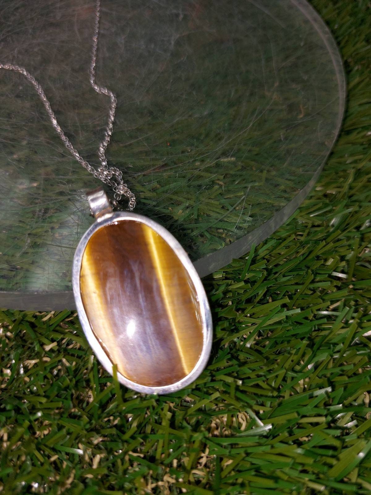 Hochwertige Kristall Tigerauge Leopard Halskette Cabochon Cut Sterling Silber 925 Lünette Anhänger