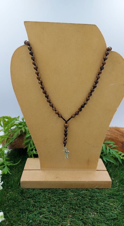 Κρυστάλλινο Ροζάριο Χάντρες Tiger's Eye με σταυρό μετάλλιο 925 στερλίνα