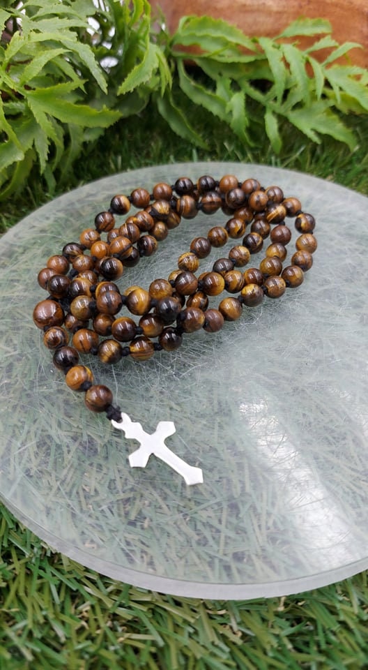 Κρυστάλλινο Ροζάριο Χάντρες Tiger's Eye με σταυρό μετάλλιο 925 στερλίνα