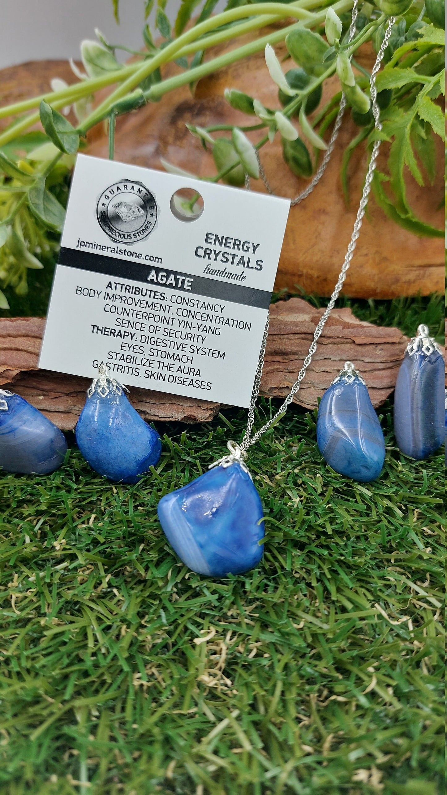 Halskette aus Sterlingstahl mit natürlichem Achat, blau, Heilung, polierter Kristall, Zubehör, Sternzeichen, Mineralstein