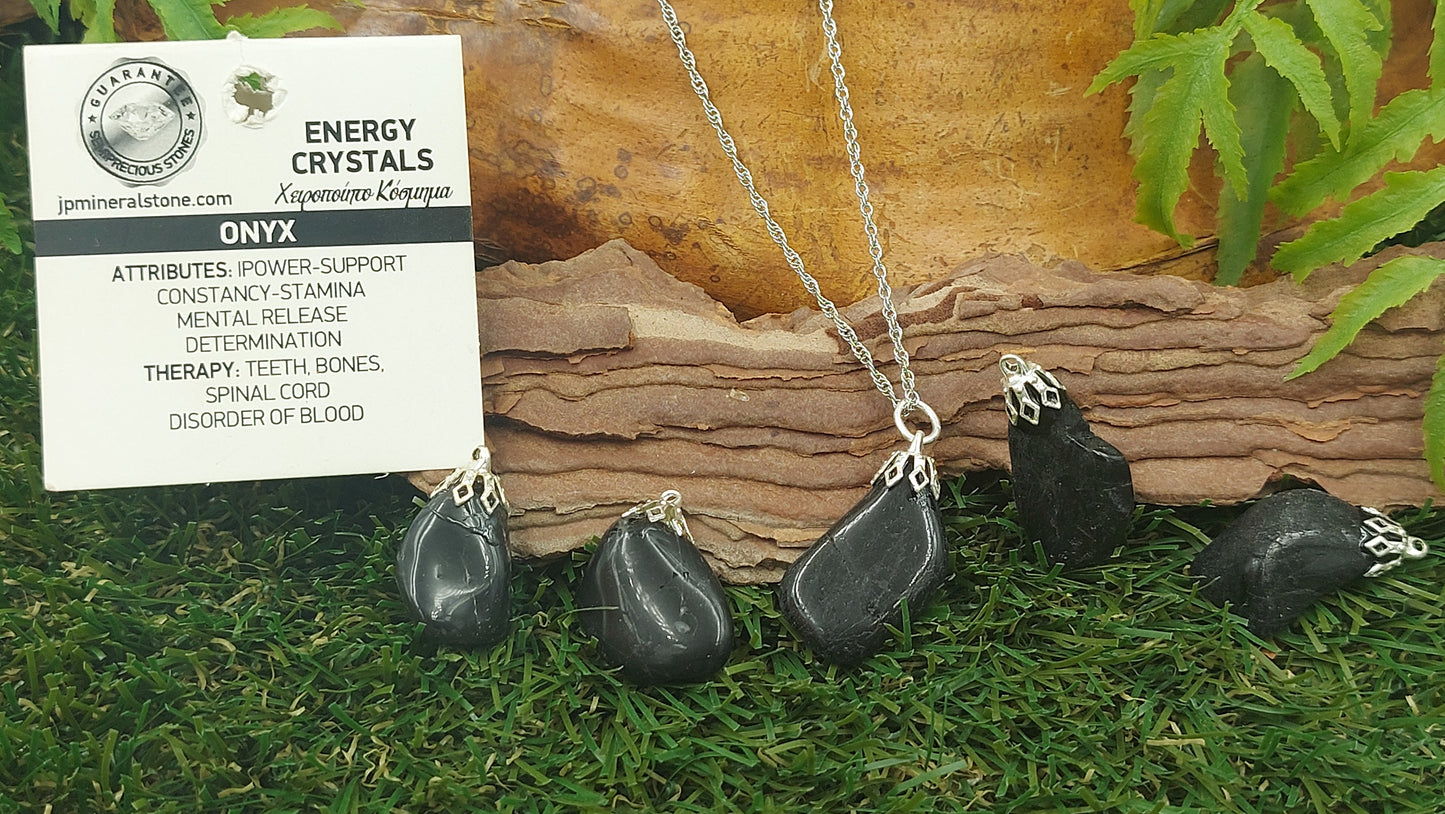 Halskette aus natürlichem poliertem schwarzem Onyx aus Sterlingstahl, Heilkristall, Zubehör, Sternzeichen, Mineralstein