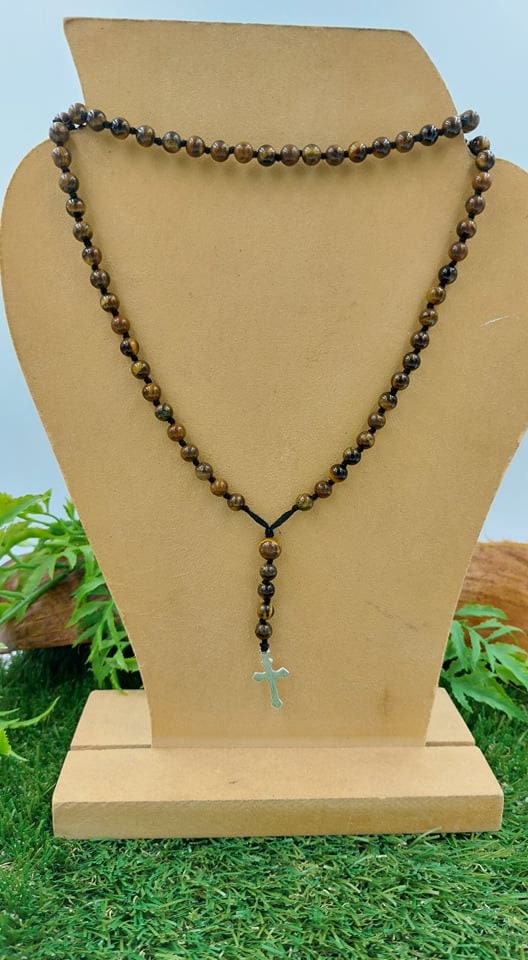 Κρυστάλλινο Ροζάριο Χάντρες Tiger's Eye με σταυρό μετάλλιο 925 στερλίνα