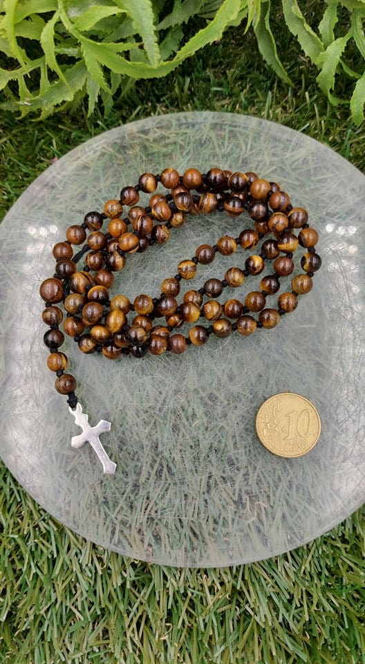 Κρυστάλλινο Ροζάριο Χάντρες Tiger's Eye με σταυρό μετάλλιο 925 στερλίνα