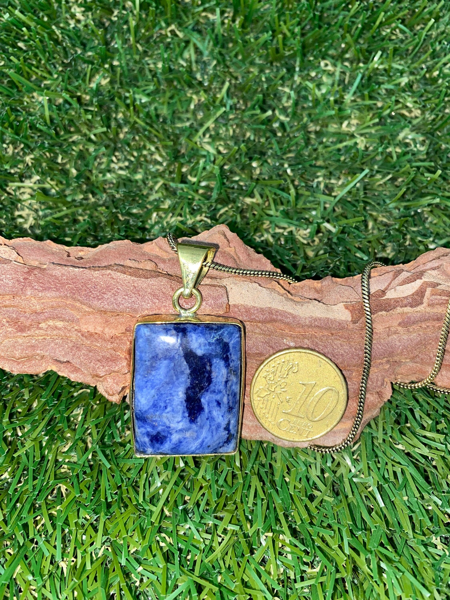 Sodalite Cabochon Cut Brass Necklace - Brass Chain