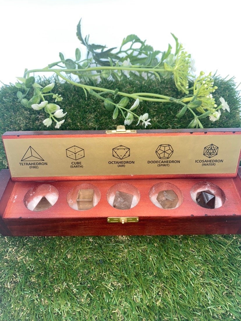 Smoked Quartz Platonic Solids Sacred Geometric Set, Energy Healing κρύσταλλο, πέτρες ρέικι, σετ πέντε τσάκρα