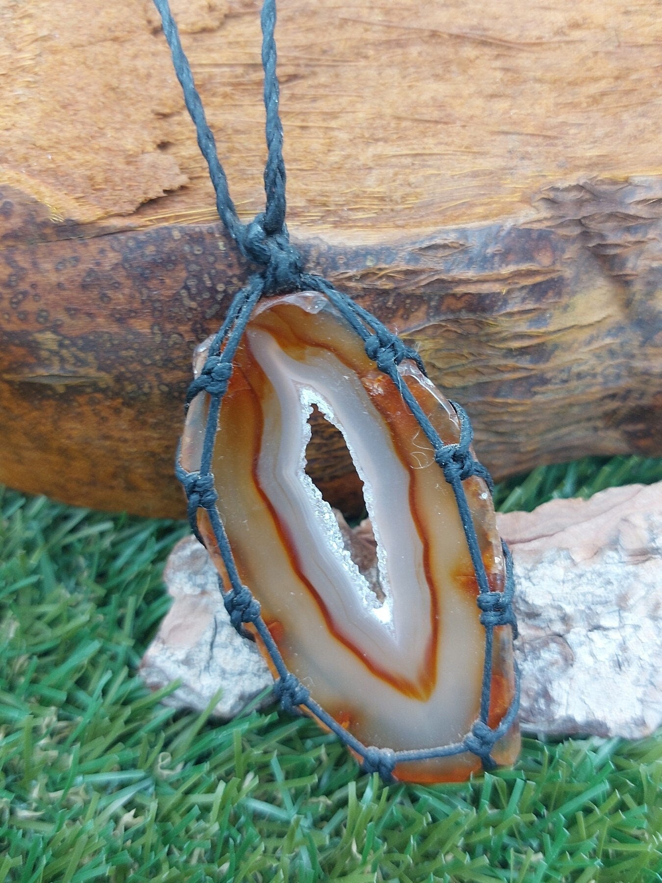 Agate Crystal Geode Macrame Necklace