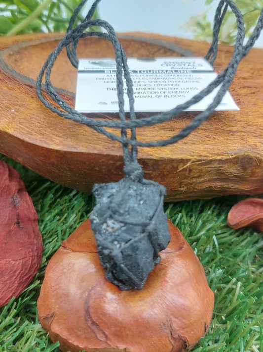 Black Tourmaline Rough Crystal Macrame Necklace