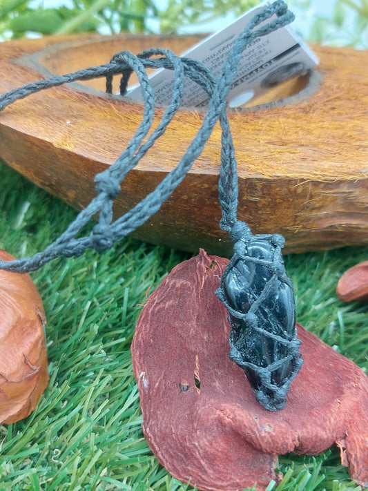 Black Tourmaline Polished Crystal Macrame Necklace Strong Protection