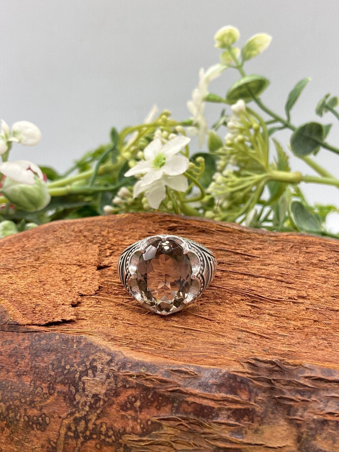 Smoky Quartz Crystal Ασήμι 925 Faceted Statement Δαχτυλίδι Κορυφαίας Ποιότητας Χειροποίητο