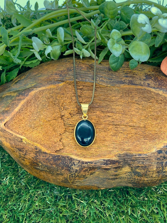Schwarzer Obsidian Messing Anhänger Cabochon Schliff Heilkristall