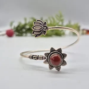 Carnelian Crystal Cuff Bracelet, Red Gemstone Silver Plated Bangle Bracelet