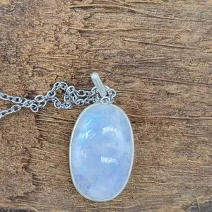 Moonstone Silver 925 Bezel Necklace with Steel Chain, Boho Crystal Necklace
