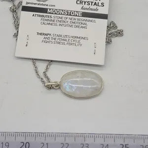 Moonstone Silver 925 Bezel Necklace with Steel Chain, Boho Crystal Necklace