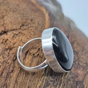 Black Obsidian Silver Plated Adjustable Ring, Crystal Ring