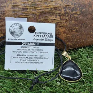 Black Obsidian Brass Necklace, Black Crystal Necklace for Him and Her