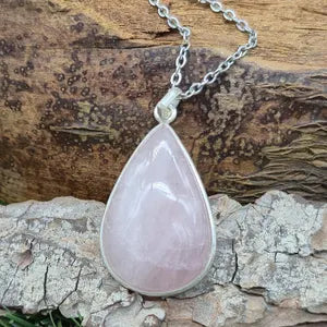 Rose Quartz Silver Bezel Necklace with Steel Chain, Love Crystal Necklace, Birthstone Necklace